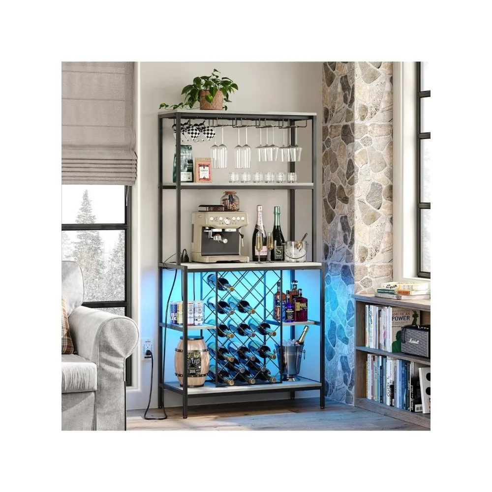 

Wine Cabinet with Power Outlets & LED Lights, 5-Tier Industrial Wine Bar Cabinet with Glass Holder, Home Bar Furniture