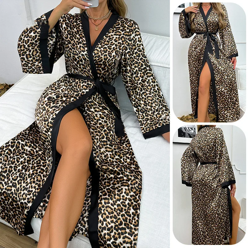 

Атласный халат с леопардовым принтом, пеньюар, кимоно, халат, женская одежда для сна, домашний халат, свободная одежда для дома