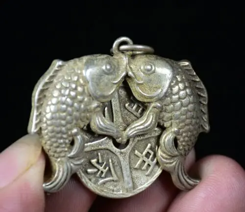 4CM Rare Old China Miao Silver Feng Shui Double Fish Luck Necklace Pendant