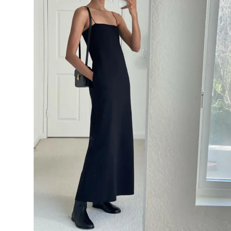 2023 Spring and Summer New Minimalist Style Classic Basic Black Suspender Long Dress for Women