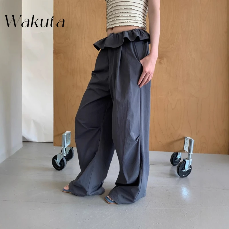 

WAKUTA Summer Retro Korean Commuting Low Waisted Wide Leg Pants Simple Drape Quick Drying Lace Fake Two-piece Casual Pants カラコン