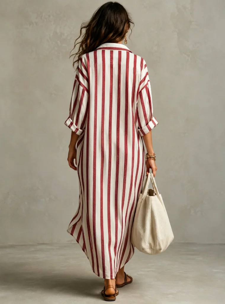 Damen Langes Gestreiftes Hemdkleid V-Ausschnitt Locker Lässig Sommer Urlaub Mode Europäischer und Amerikanischer Grenzüberschreitender Stil – Detail 13
