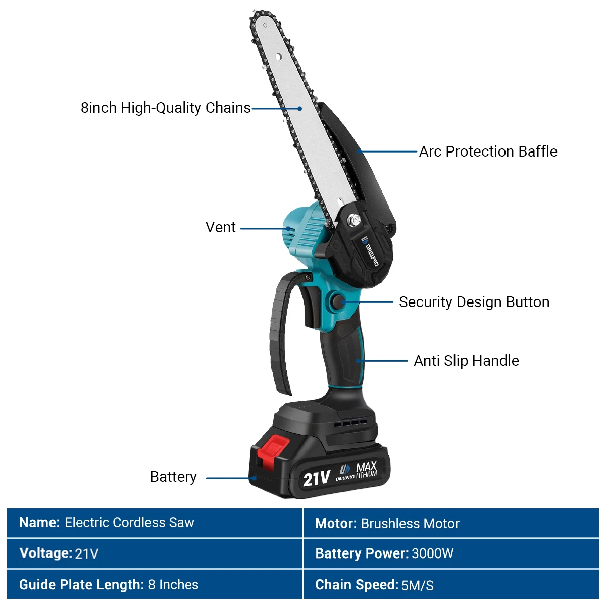 Drillpro 8 Inch Brushless Chain Saw Mini Handheld Pruning Chainsaw Woodworking Electric Saw Cutting Power Tool for  Battery