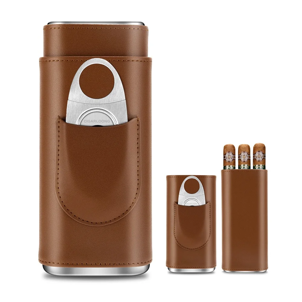 3-pack Cigar Case Portable Leather Holder Box Storage with Stainless Steel Sharp Cigar Cutter Luxury Smoking Accessories CH-24FA