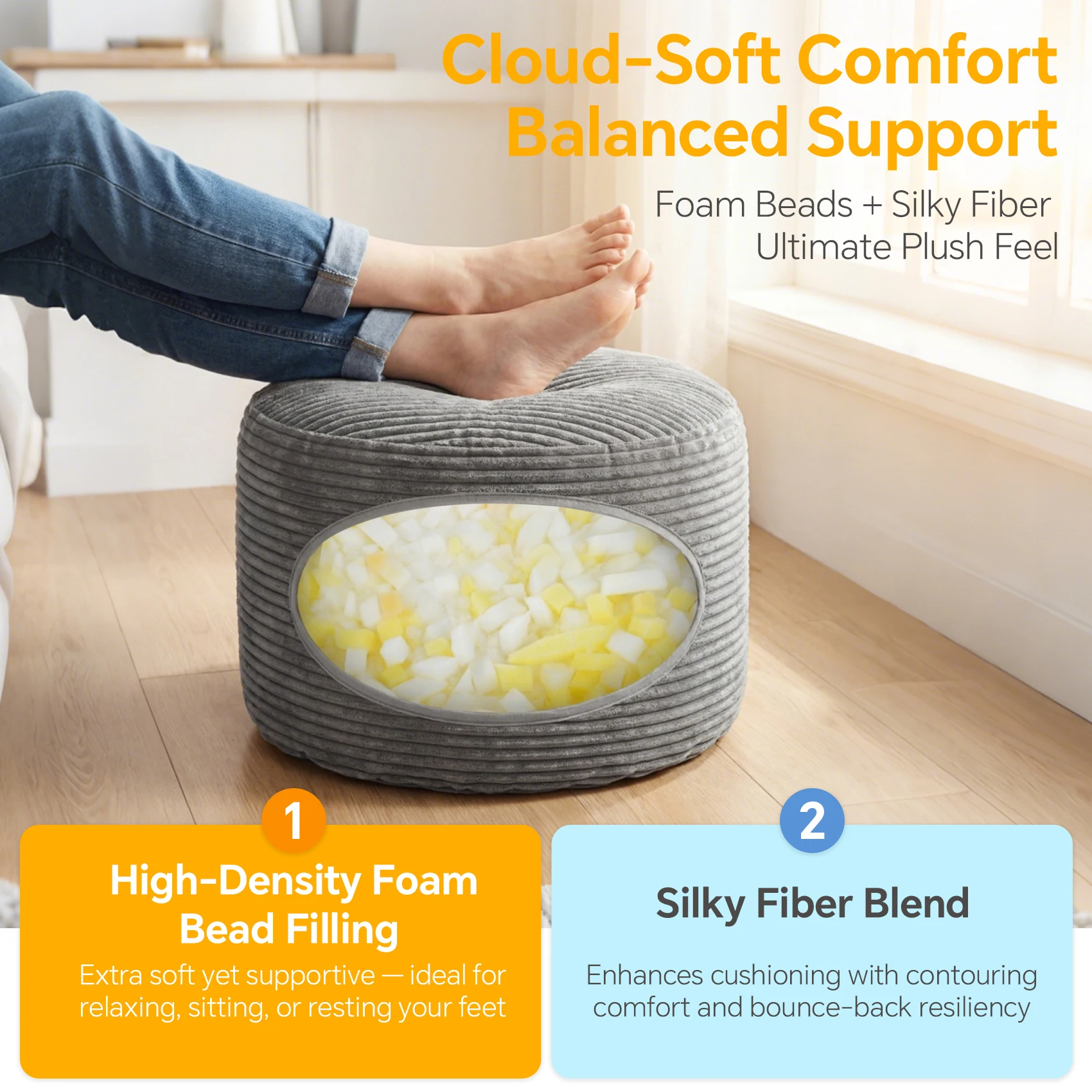 Round Ottoman Footstool Gray Corduroy Fabric Padded Stool Sofa Footrest with Removable Zipper Cover Anti Slip Bottom Built in Carry Handle Machine Washable Cover for Living Room Bedroom Small Apartment Home Office Nordic Style Furniture Home Decor