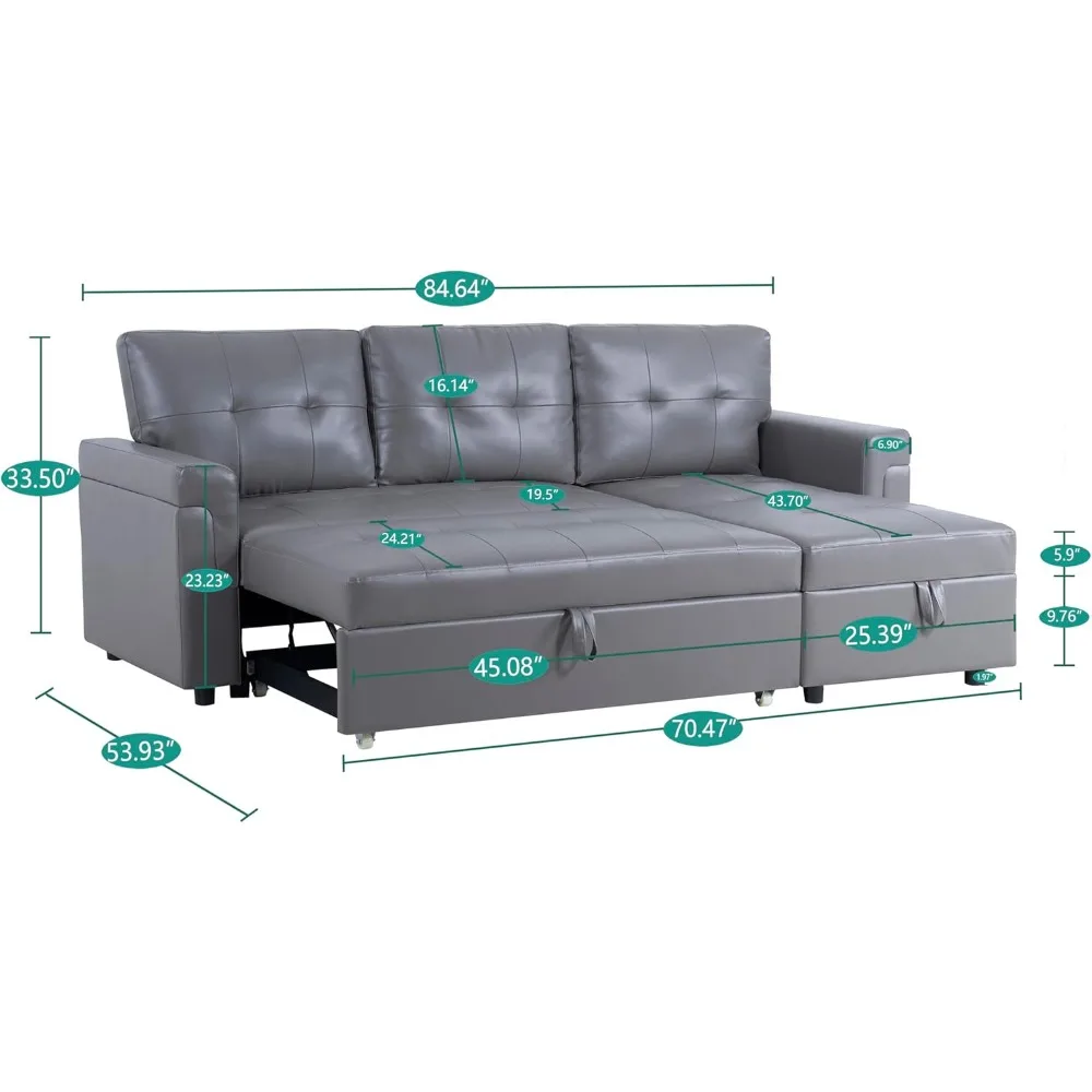 Tufted Pull Out Couch with Storage, Sectional Sofa Bed, L-Shaped Reversible Sleeper Sofa with Storage, Gray,Air Leather