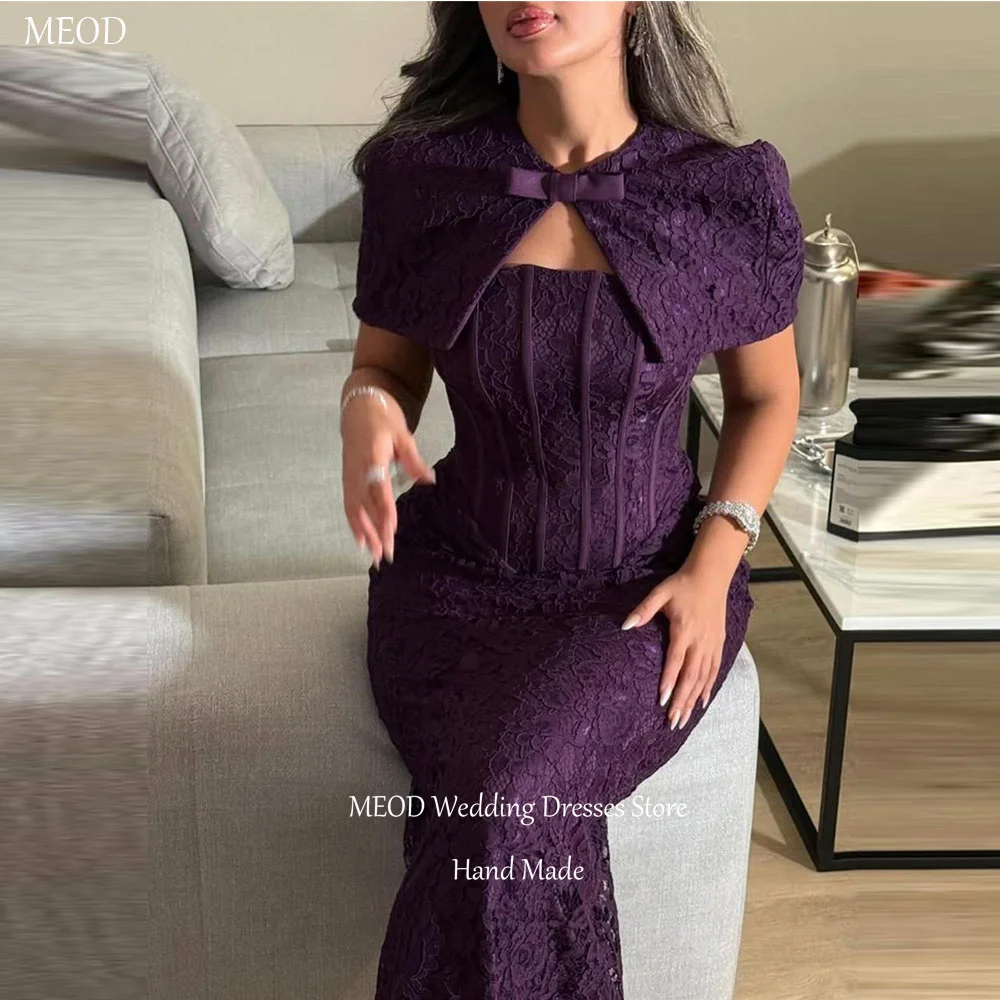 MEOD Lila Spitzen-Abendkleider, Meerjungfrau-Stil, trägerlos, mit Schleife, moderne Hochzeits- und Partykleidung, bodenlang, mit Jacke, Ballkleid, individuell gestaltet