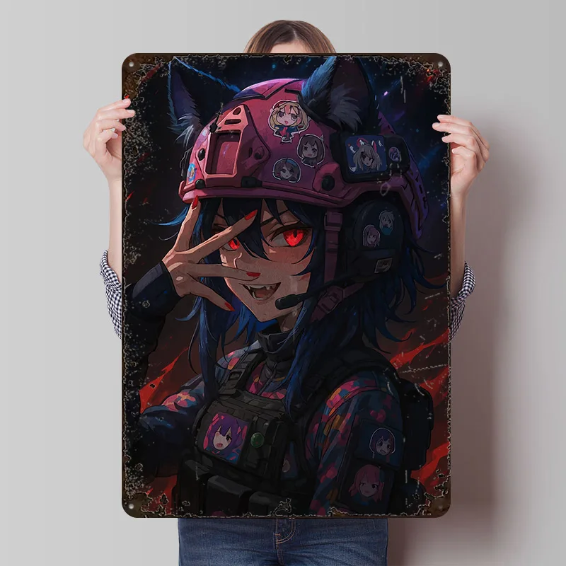 Anime Girl With Tactical Gear and Ears Tinplate Poster Customized Wall Art Vintage Metal Signs Retro Plates for Home Decor Items