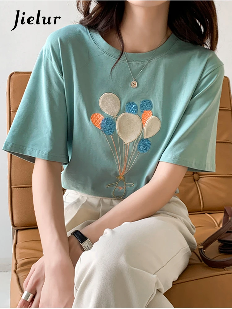 Jielur Embroidery Sequins T Shirt Women Summer Short Sleeve Tshirt Korean Fashion Clothing Cotton Ladies Tops Female S-XL