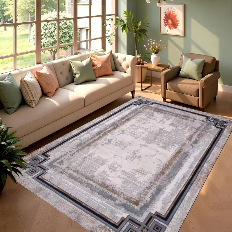 Vintage Geometric Border Carpet Modern Minimalist Abstract Pattern Soft Decorative Floor Mat for Living Room Bedroom Home Decor