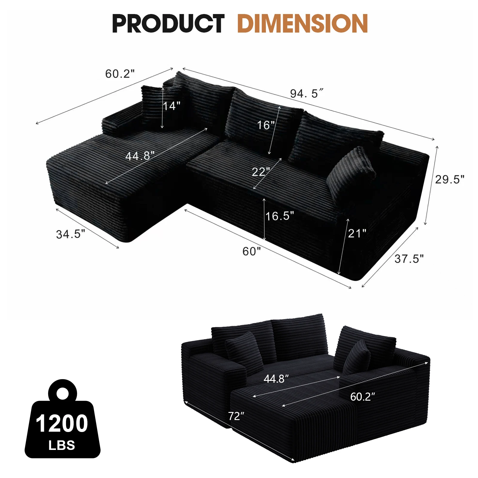 94.5" Cloud Modular Sectional Corduroy Sofa with L-Shape Chaise, No Assembly Deep Seat Corner Couch for Living Room, Black image 2