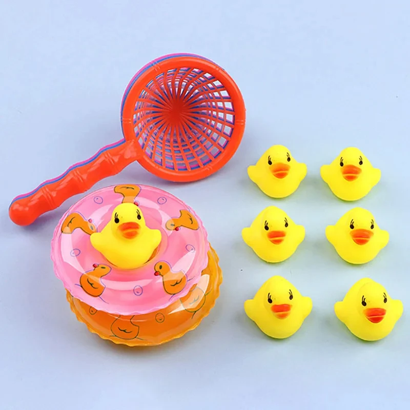 Kids Floating Bath Toys Mini Swimming Rings Rubber Yellow Ducks Fishing Net Washing Swimming Toddler Toys Water Fun