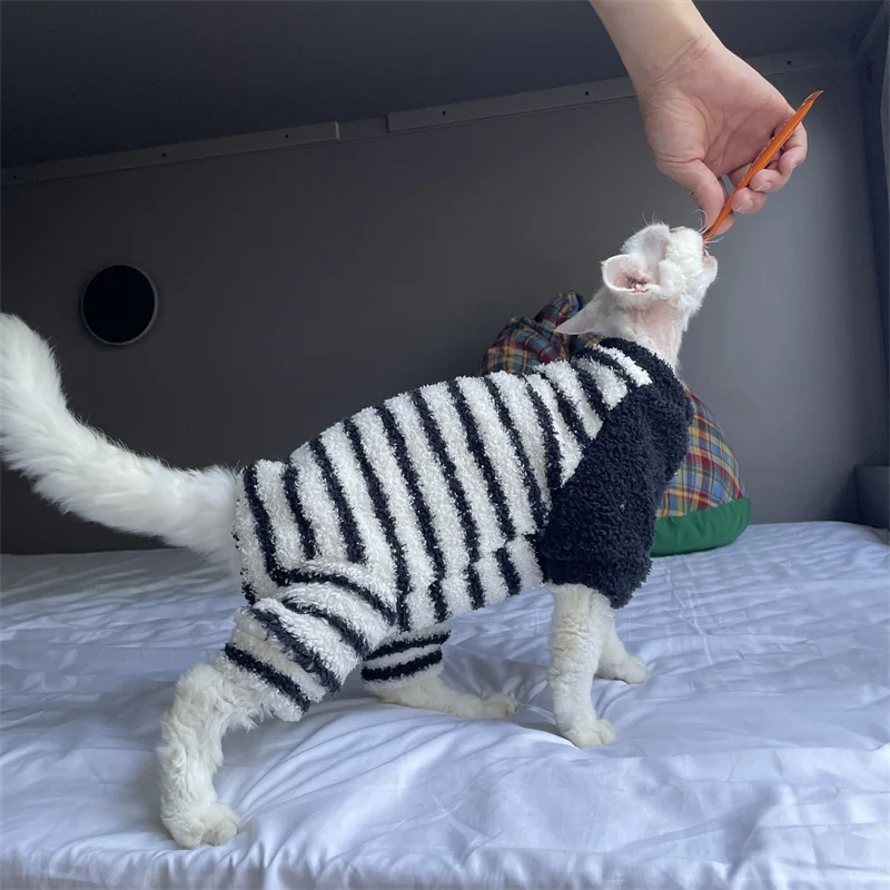 Warm Soft Coffee Fleece Jumpsuit for Sphinx Cat in Winter Four-Leg Thick Purple Strips Coat for Devon Rex Sweatshirt for Kittens