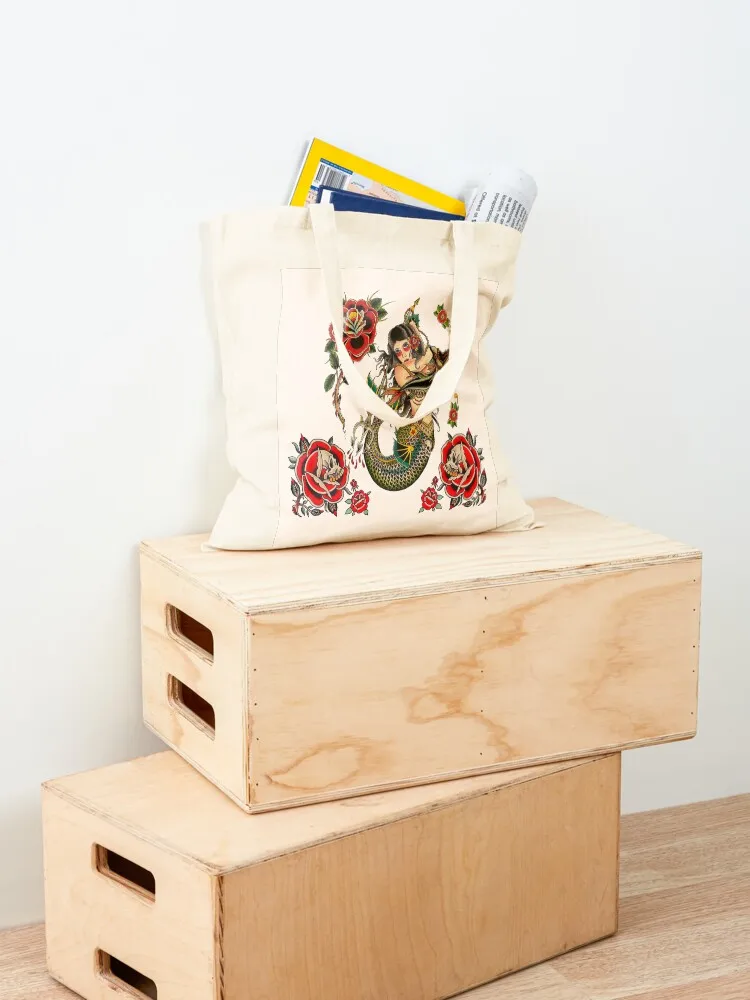 Traditional Pretty Mermaid Holding Trident, Sea Monster and Skull Roses Tattoo Tote Bag Gift bag Women's shopper