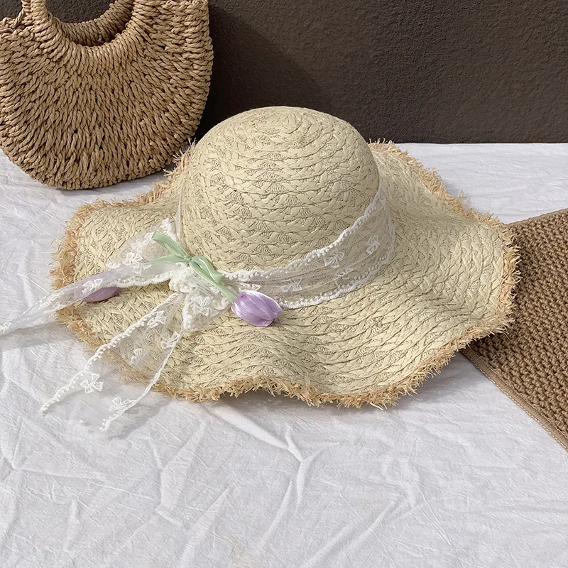 

2026summer Bow Sun Hat Straw Sun Hat Tulip-decorated Hat Wide-brimmed Outdoor Beach Hat Japanese And Korean Women's Fashion Hats