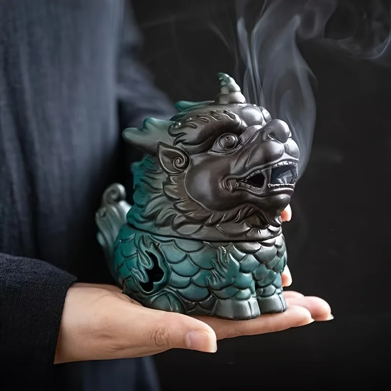 Handcrafted Ceramic Money Dragon Incense Burner,Feng Shui Fortune Bringing Figurine, Perfect Gift, Tabletop, Home, Kitchen Decor