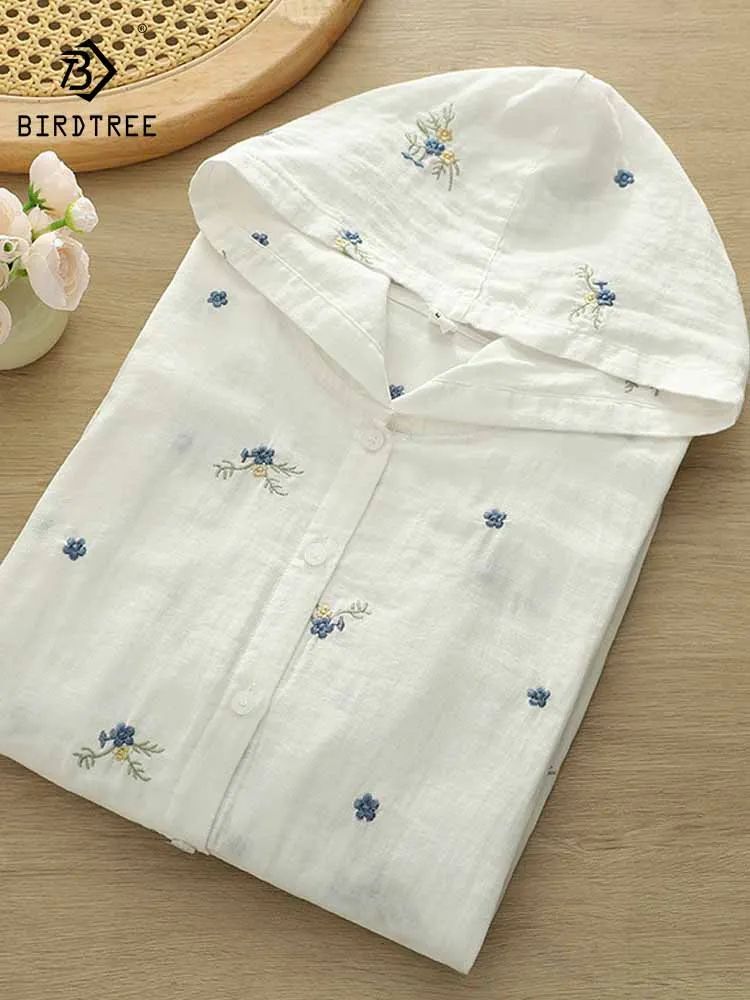 

New 2025 Autumn Cotton Hooded Shirt, Women Long Sleeve Embroidery, Mori Girl OL Commute Casual Sunscreen Loose Blouse T57620CC