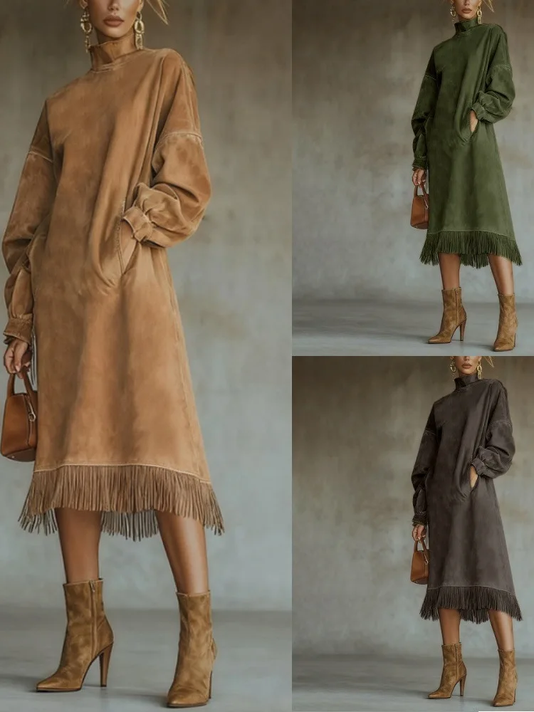 

Women's Long Sve Suede Fringe Dr Ele Fairy T Sle Polyester Fabric Gown for Casual Wear Straight Cut High Collar