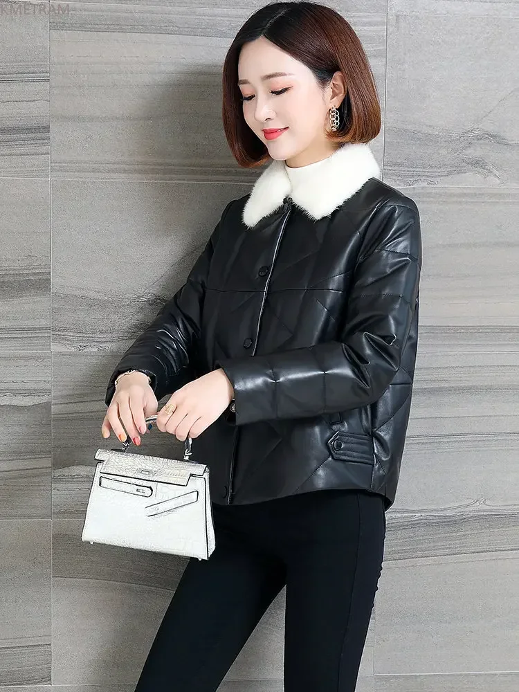 Genuine Sheepskin Leather Jacket Women Slim Short Down Jackets for Women 2024 Autumn Winter Black Down Coats Mink Fur Collar SGG