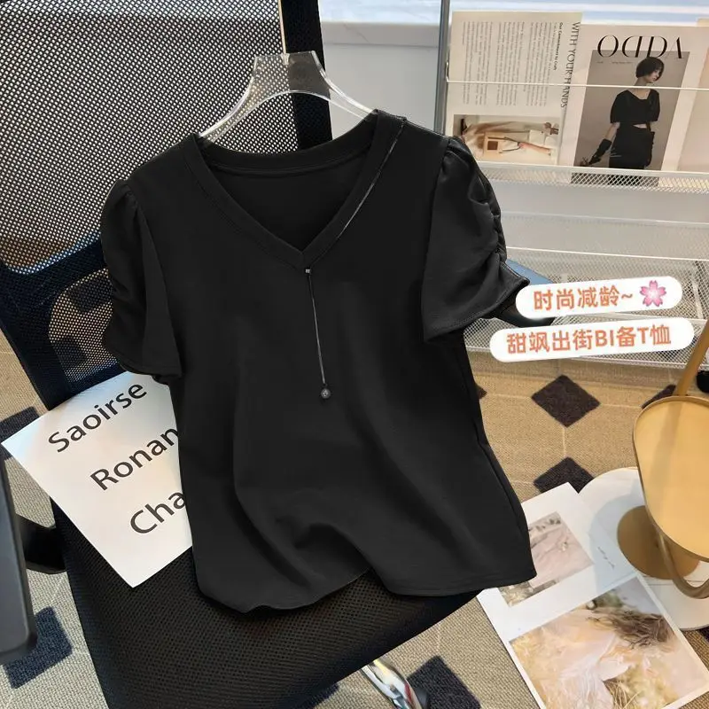 Women Summer Simplicity Loose Appear Thin CHAIN Solid Color V-neck Short Sleeve T-Shirt Ladies Casual All-match Large Size Tops