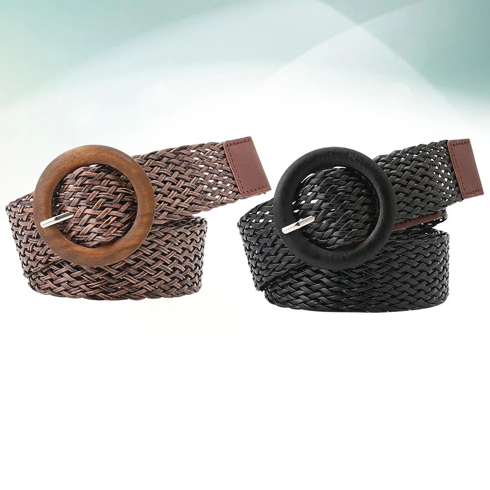 

2pcs Weaving Waistband Retro Round Buckle Fashion Belt For Women Ethnic Style Waist Belt Adjustable Black Coffee