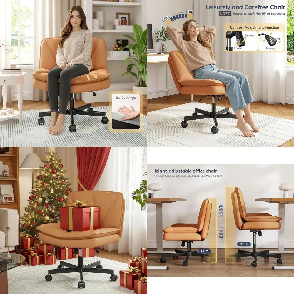 Wheeled Cross-Legged Leather Office Chair with Comfortable 2-Layer Seat and Back, Armless for Home Use, Orange