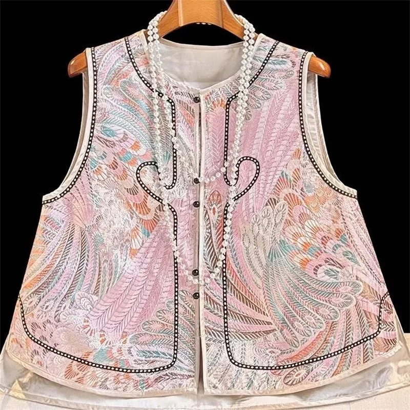 

Women's Vests New Chinese Fashion Single-breasted Loose Retro Embroidery Jacquard Sleeveless Vest Buckle Chinese Style Jacket