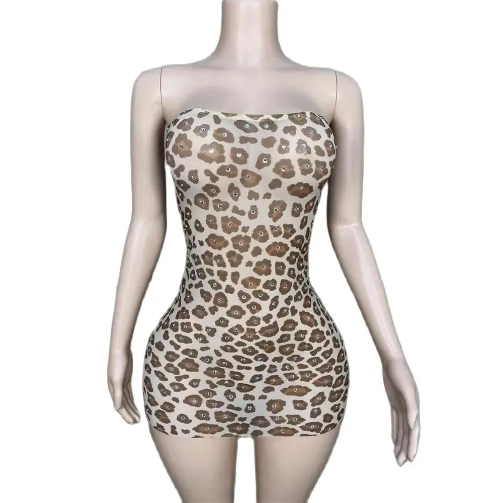 

Sexy Stage Leopard Printing Strapless Sheath See Through Mini Dress Evening Party Performance Costume Bar Nightclub Stage Wear