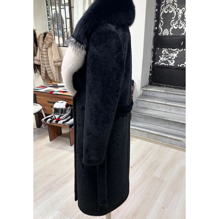 Wool Long Coat Women Luxury High Quality Real Cashmere Coat With Natural Fox Fur Trim Black Winter Warm Wool Blends Coat