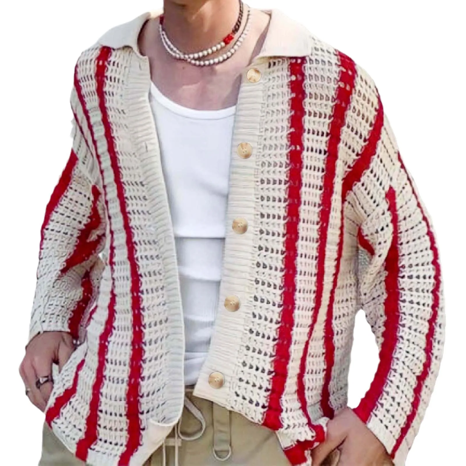 Fashion Men\'s Hollowed Out Knitted Sweater with Versatile Striped Cardigan Sweater for Men