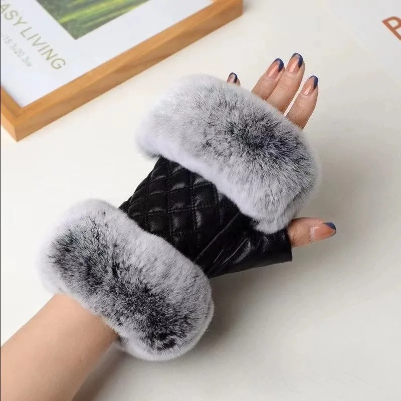 

Women's Winter Genuine Leather Rabbit Fur Gloves Lady's Thicken Warm Fingerless Rivet Glove Winter Driving Glove R694