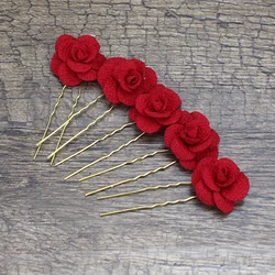 5PCS Red Rose Flower Bridesmaid Hair Pin Clips Sticks Wedding Hairpins For Women Bridal Hair Jewelry