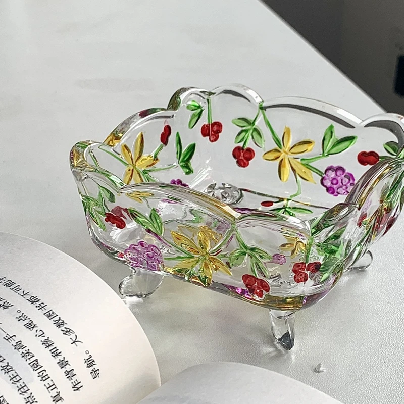 High Quality Good Looking Relief Painted Glass Square Plate Glass Fruit Bowl Snack Plate