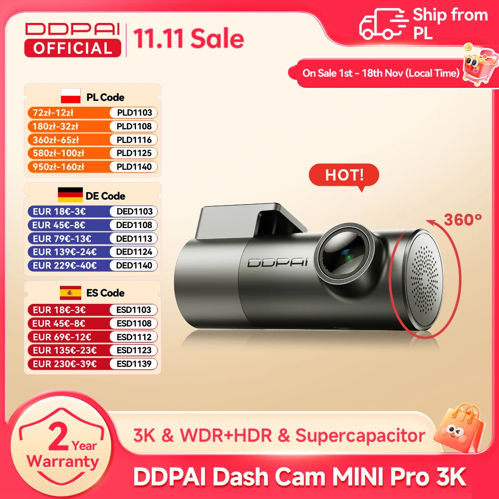 Cámara para Coche DDPAI MINI Pro 2K/3K/4K HDR 143 °   Cámara DVR para coche con 