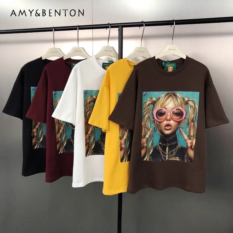 

American Trendy Fashion Oversized Handmade Rhinestone Character Print O-Neck Tees Pure Cotton Short Sleeved T-Shirt For Women