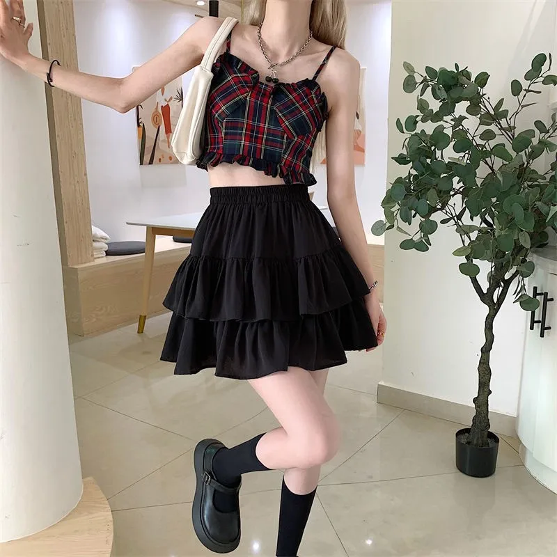 Pleated A-line Skirt White Women Ruffles Sweet Hottie Preppy Style Elastic Elastic Waist Slim Thin SimpleCasual Summer Wholesale