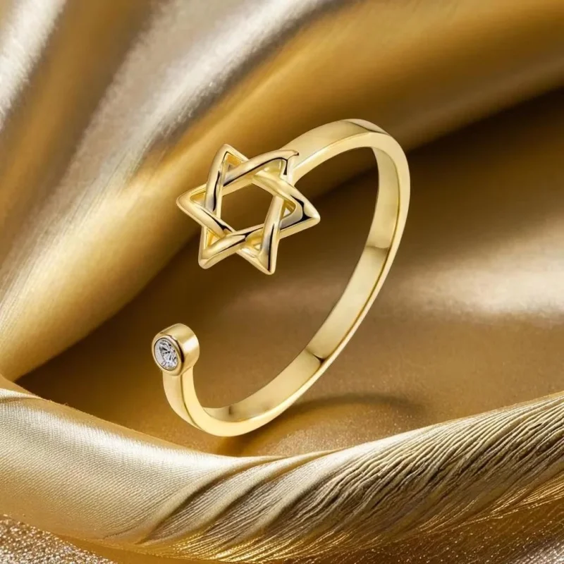 Fashion Hollow Hexagon Zircon Ring for Women Magen Star of David Adjustable Rings Promise Jewelry Gifts