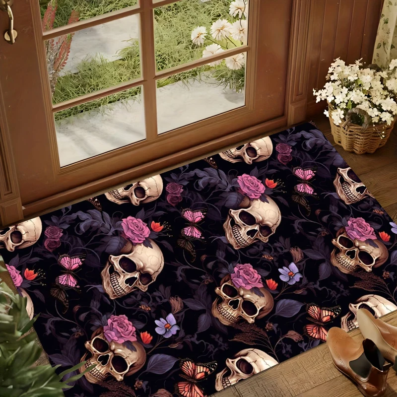 Evil Flowers and Skeleton Terror Anti Slip Door Mat Floor Mat Carpet Carpet Kitchen Entrance Home Balcony Foot Mat  Kitchen Mat