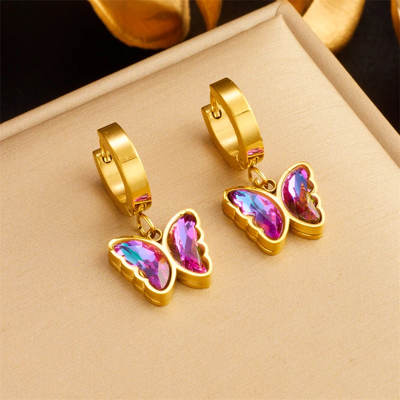 DIEYURO 316L Stainless Steel Butterfly Pentagram Colorful Purple Crystal Earrings For Women Girl Luxury Jewelry Holiday Gift
