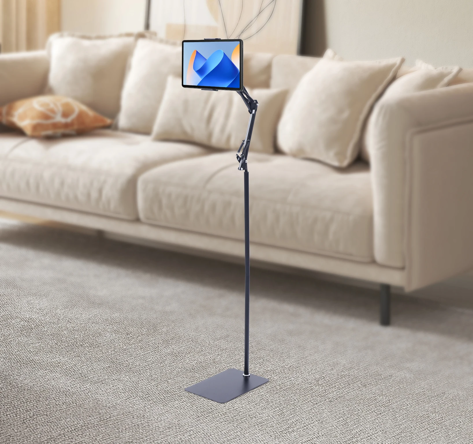 Carbon Steel Tablet Floor Stand 360° Rotation, Adjustable Angle with Non-slip Base for Stable Hands-free Viewing