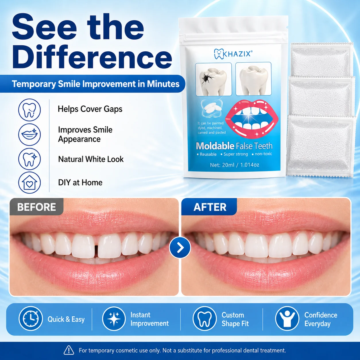 10g Temporary Teeth Beads DIY Cosmetic Smile Fix Moldable White Beads Easy to Shape for Natural-Looking Teeth