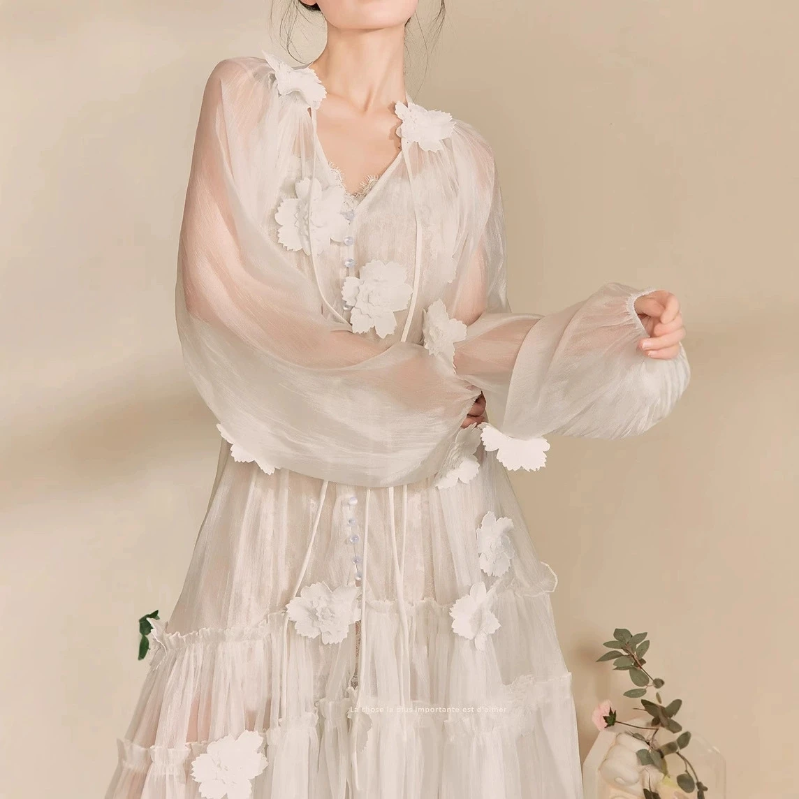 

2025 Spring French Heavy Three-Dimensional Flower Embroidery Lace-Up Long Beach Dress One-Piece Lace Fairy Dress-GZXX177