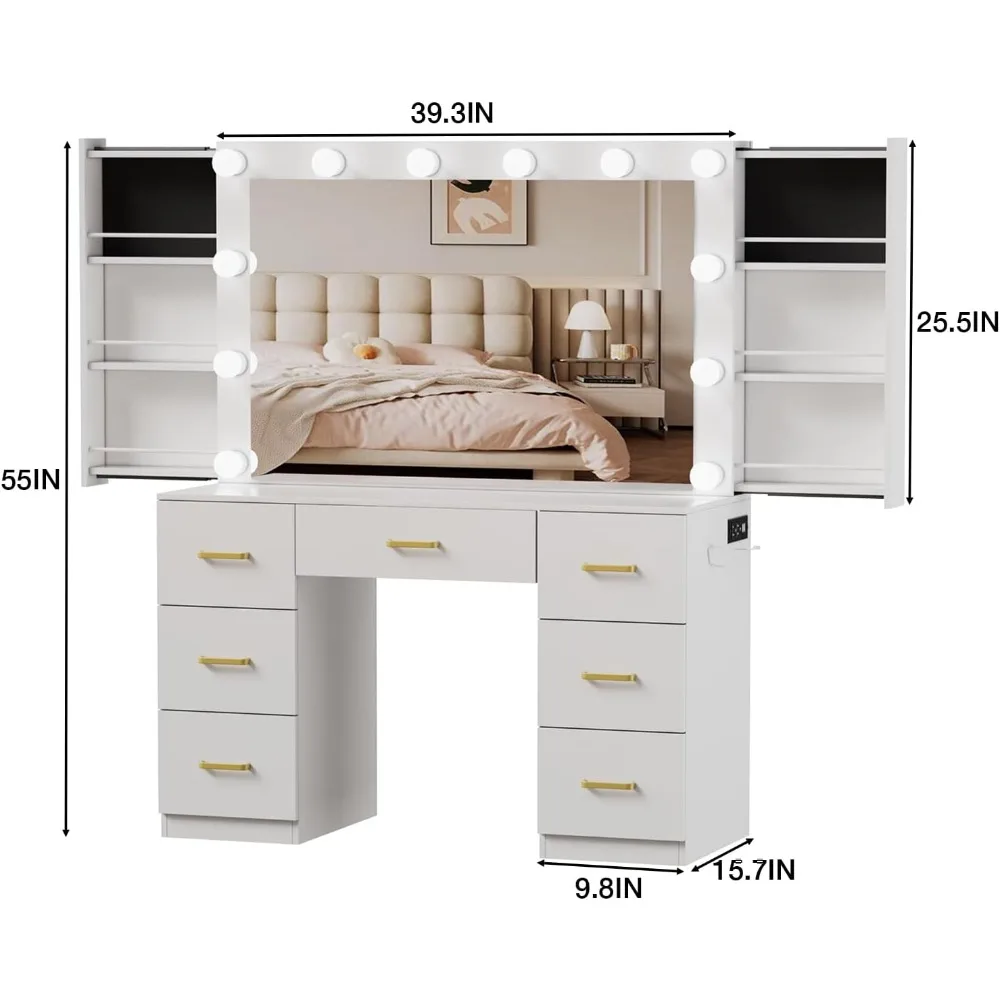 Lighted Mirror Vanity Desk with Adjustable Brightness, 3 Color Modes, Drawer and Power Outlet