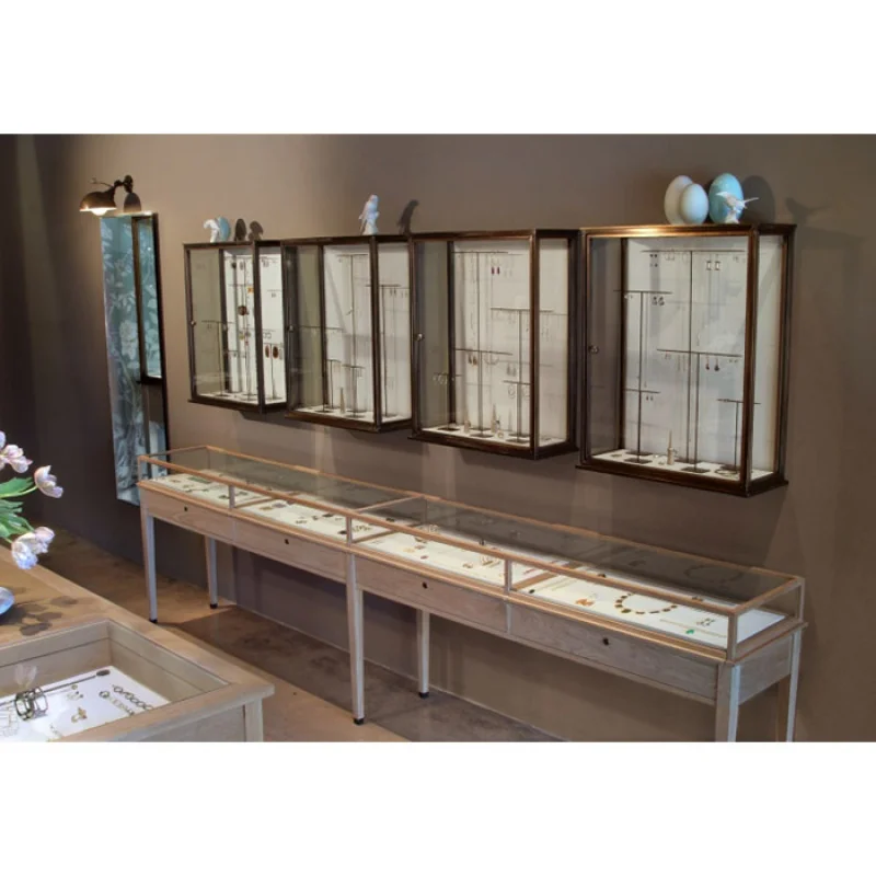 custom，Fashional glass commercial display showcase retail display counter New jewelry cabinet display sale with led light