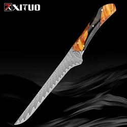 Damascus Boning Knife Fillet Knife Japanese Pro Damascus Steel Sharp Kitchen Fish Knife for Fish Poultry Chicken Meat Cutting