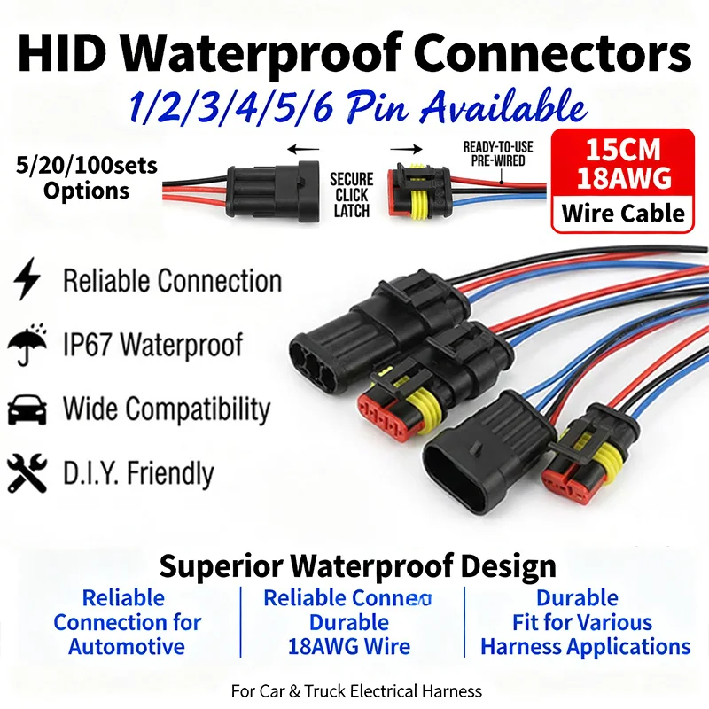 

5/20/100sets HID Waterproof Connectors 1/2/3/4/5/6 Pin Car Electrical Wire Connector Plug Truck Harness with 15CM Wire Cable