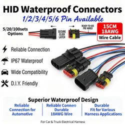 5/20/100sets HID Waterproof Connectors 1/2/3/4/5/6 Pin Car Electrical Wire Connector Plug Truck Harness with 15CM Wire Cable