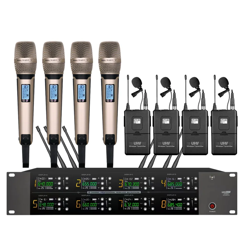 نظام ميكروفون لاسلكي UHF احترافي 8 قنوات ميكروفون أداء مرحلة الكنيسة المدرسية