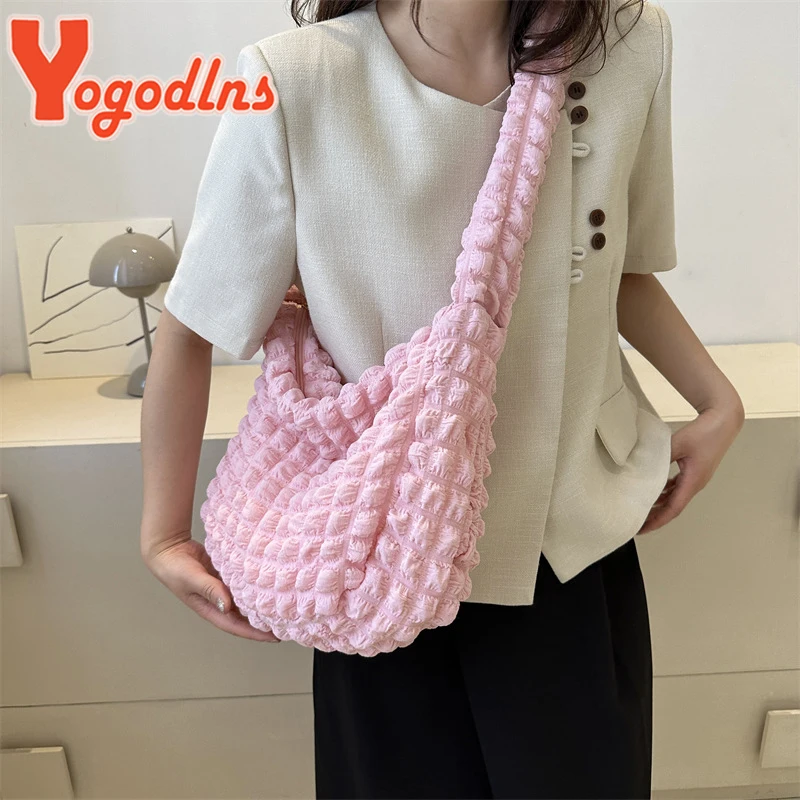 Yogodlns Elegant Shoulder Bag Women Pleated Puff Small Handbag Portable Shopping Totes Quilted Design Solid Color Underarm Bag