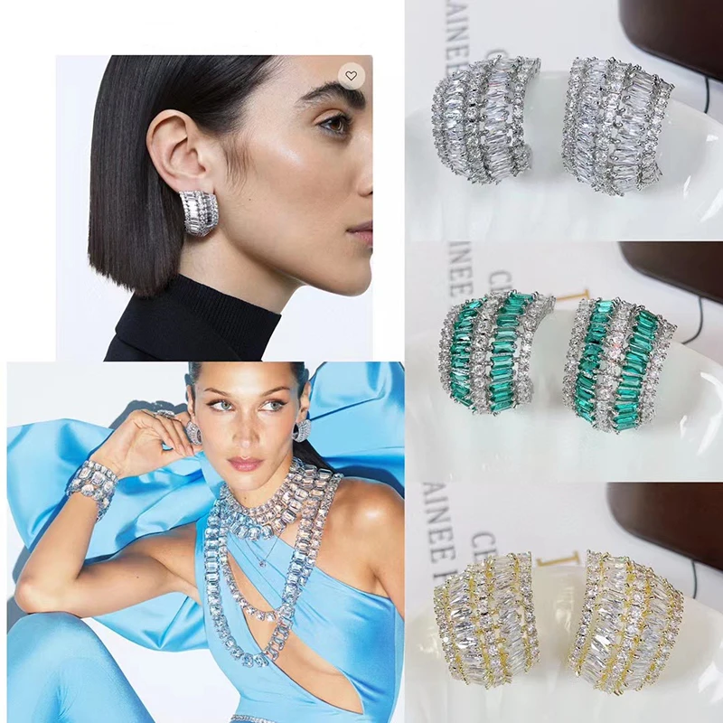 Luxury Irregular Cubic Zirconia Stud Earrings Fashion Roll Shape Design Exquisite Bride Wedding Anniversary Jewelry Big Studs